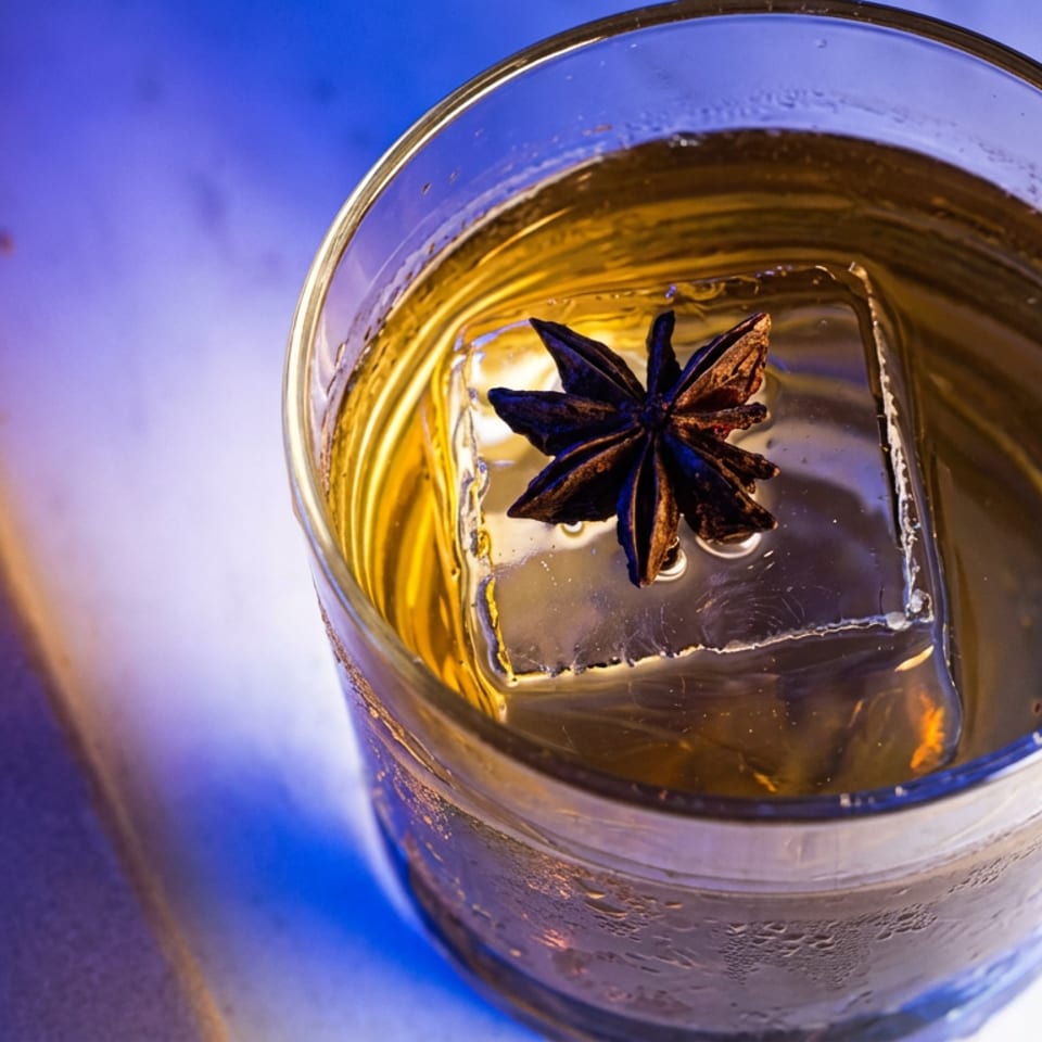 Close-up of an amber cocktail with a large ice cube and star anise garnish in a low glass.