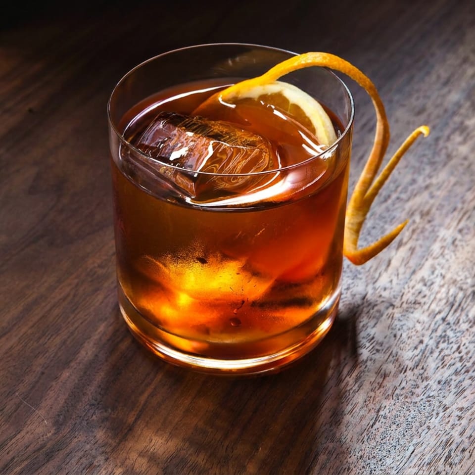 Amber cocktail with a large ice cube and curled orange peel garnish in a glass on a wooden table.